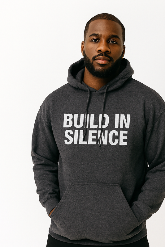 BUILD IN SILENCE, Motivational Message, Perfect Gift for Creators, Cozy Layering, Unisex Eco-Friendly Hoodie